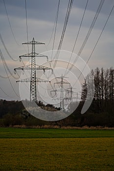 Many power poles in the landscape, with sagging power cables