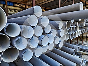 Many PVA Pipes Stacked in Building Supply Warehouse