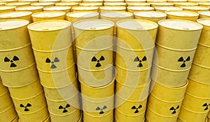 Many radioactive waste barrels. Nuclear waste dumping concept. 3D rendered illustration