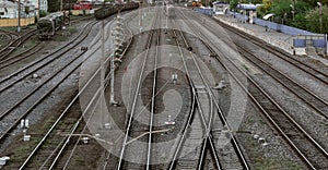 Many railroad track, aerial view of railroad station platform