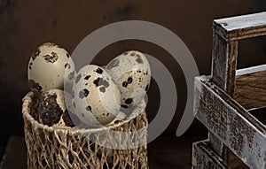 Many raw quail eggs in closeup view. Quail eggs are more nutritious and healthier than chicken eggs. Quail eggs contain 13%