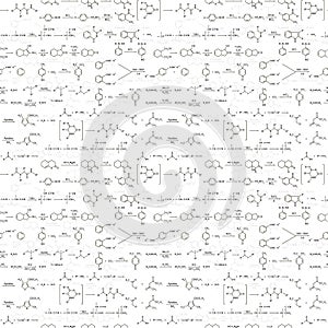 Many recondite chemical equations and formulas on white, seamless pattern