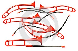 Many red curved trombones on the white background