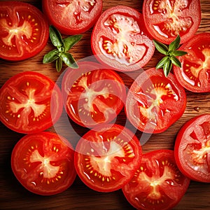 Tomates cortados vermelhos encima da mesa de madeira photo