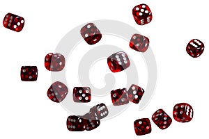 Many red dice flying on white background. Gambling concept