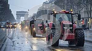 many red farm tractors driving along the road in the city, with the Triumphal Arch in the background, road strike