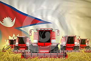 Many red farming combine harvesters on farm field with Nepal flag background - front view, stop starving concept - industrial 3D