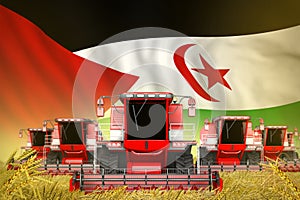 Many red farming combine harvesters on grain field with Western Sahara flag background - front view, stop starving concept -