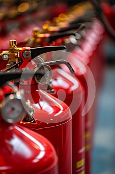 many red fire extinguishers on the shelf