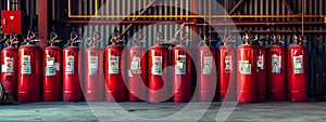 many red fire extinguishers on the shelf
