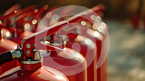 many red fire extinguishers on the shelf