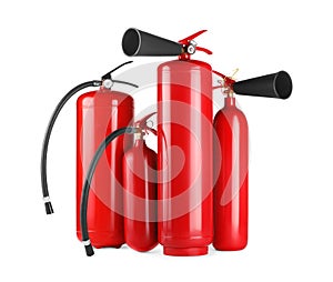 Many red fire extinguishers on white