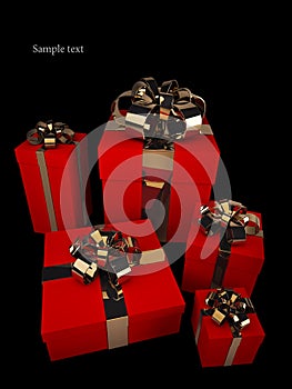 Many red gift boxes with gold ribbon and bow