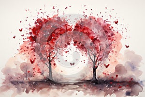 Many red hearts and butterflies fly among the trees, valentine, watercolor