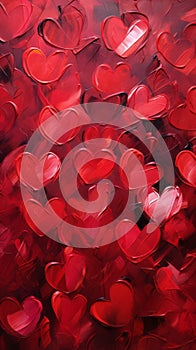 A painting of many red hearts on a red background
