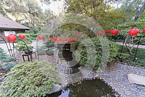Many red lantern in Japanese garden of Descanso Garden photo