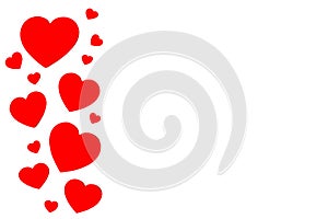 Many red paper hearts in line in form of decorative frame on white background with copy space. Symbol of love and Valentine`s day