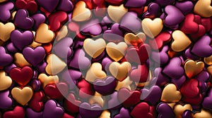 Many red, purple and golden hearts. Hearts background