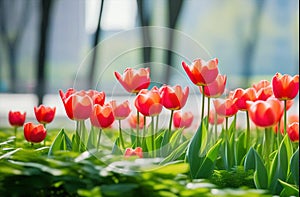 Many red tulips bloom in a flowerbed in a city park. Spring flowers