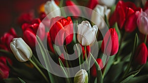 Many red and white tulips in a vase