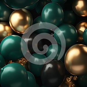 Many reen and gold shiny balls balloons, excellent greeting background,