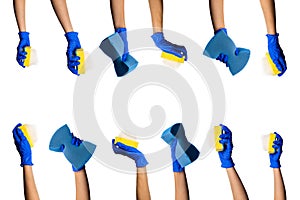 Many rhythmic hand in blue glove with blue and yellow sponge