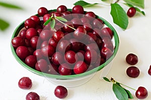 Many ripe red cherries in a white ceramic bowl with a green stripe on a light background. Harvesting concept.