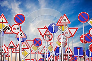 Many road signs against blue sky. 3D rendered illustration