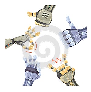 Many robot hand gestures. Robotic hands. Mechanical technology machine engineering symbol. Hand gestures set.