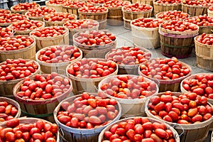 Many Roma tomatoes in baskets
