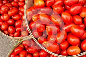 Many Roma tomatoes in baskets