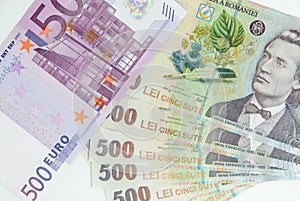 Many romanian leu high banknotes and 500 euro bill