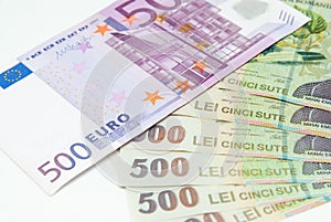 Many romanian leu high banknotes and 500 euro bill