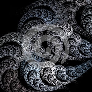 Many ropes are twisted in a spiral and form a uniform pattern on a black background. Abstract monochrome fractal background.