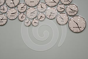 many round analogue clocks on white wall