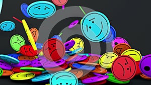 Many round and colored faces with different emotions falling on top of each other