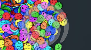 Many round and colored faces with different emotions lie on top of each other