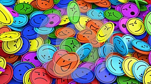 Many round and colored faces with different emotions lie on top of each other