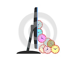 Many round mechanical clocks fall from the computer monitor screen. Side view. Vector illustration.