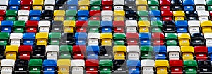 Many rows of bright colorful plastic seats, grandstand stadium