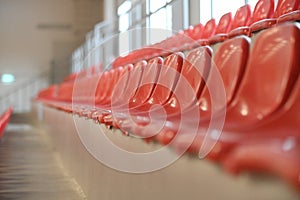Many rows of red plastic seats in a grandstand stadium in the fresh air, day and light