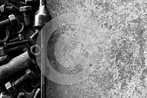 Many rust steel on cement ground in black and white photography