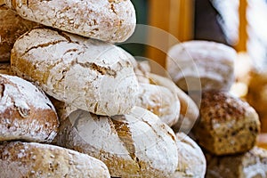 Many rustic fresh bread loaves