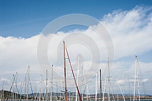 Many sailing boat mast on blue sky