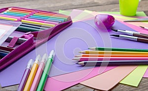 Many school stationery in a heap, cozy colors