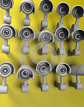 Many security cameras on the city , big brother watching you. Surveillance CCTV camera. 3D rendering