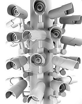 Many security cameras on the city pillar, big brother watching you. Surveillance CCTV camera. 3D rendering