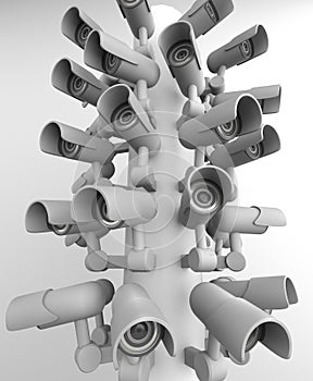 Many security cameras on the city pillar, big brother watching you. Surveillance CCTV camera. 3D rendering