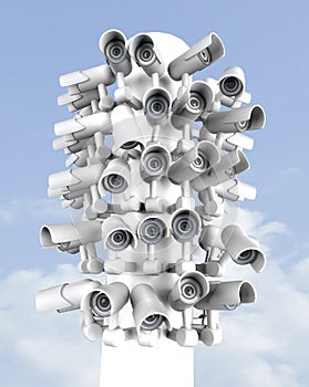 Many security cameras on the city pillar, big brother watching you. Surveillance CCTV camera. 3D rendering