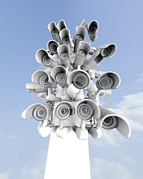 Many security cameras on the city pillar, big brother watching you. Surveillance CCTV camera. 3D rendering